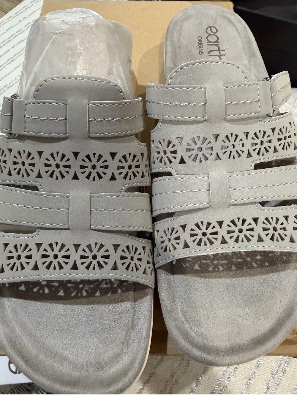 Earth Origins Taupe Laser-Cut Multi-Strap Slide Sandals